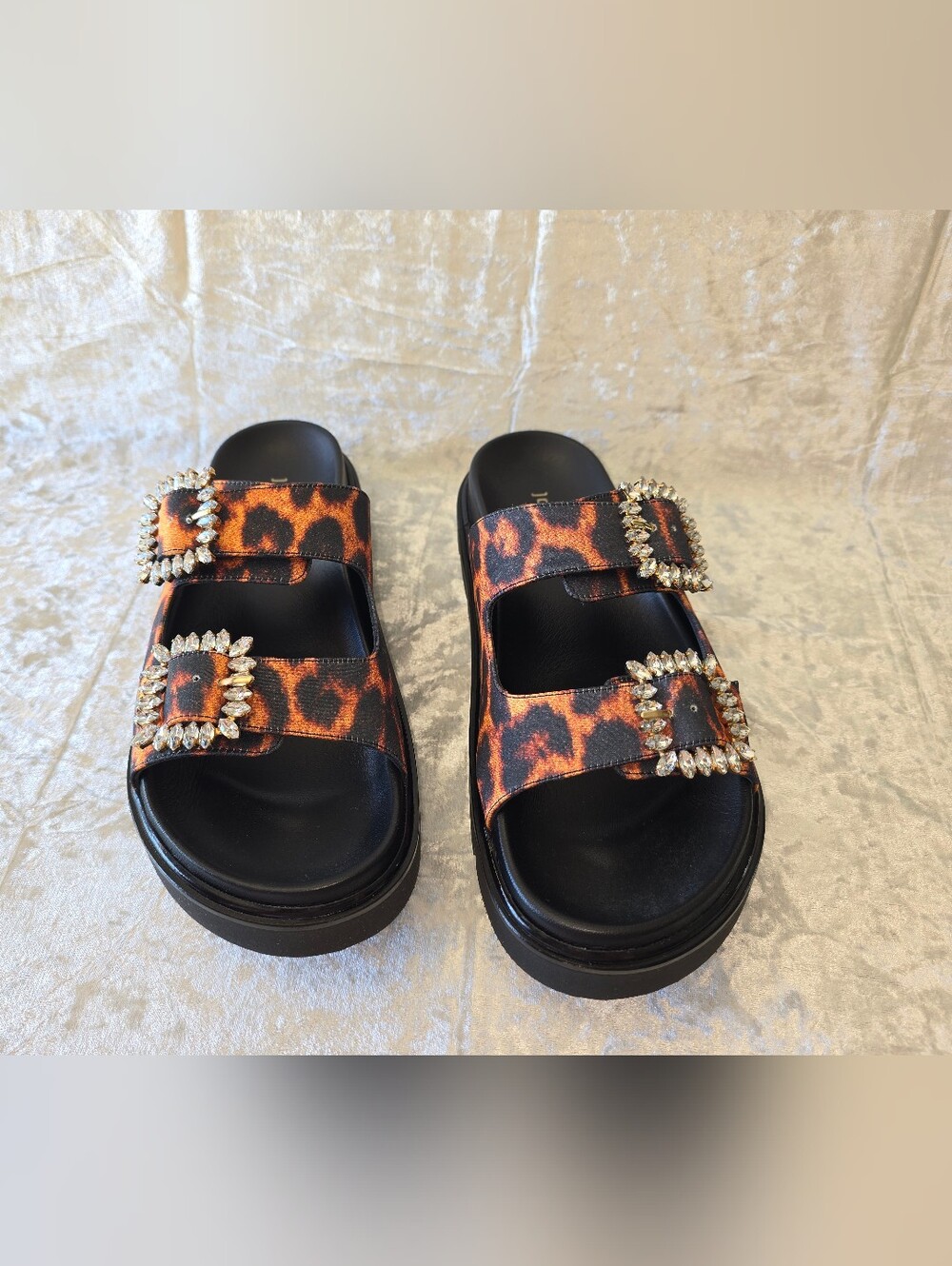 Jon Josef Brooklyn Leo Satin Leopard Print Jeweled Double-Buckle Slide Sandals